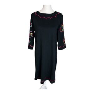 Michael Simon Lite Black Cotton Embroidered Floral Shift Dress Large 3/4 Sleeves